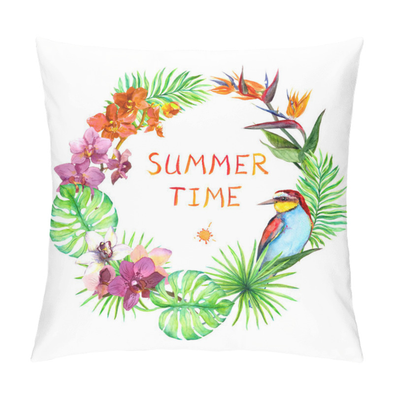 Personality  Fashion concept - floral wreath. Tropical leaves, exotic bird, orchid flowers. Bright, fresh, wild. Watercolor pillow covers