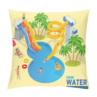 Personality  Aquapark Horizontal Web Banner With Different Water Slides, Family Water Park, Hills Tubes And Pools Isometric Vector Illustration. Design For Web, Site, Advertising, Banner, Poster, Board And Print Pillow Covers