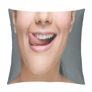 Personality  Partial View Of Smiling Woman With White Teeth Sticking Tongue Out Isolated On Grey Pillow Covers
