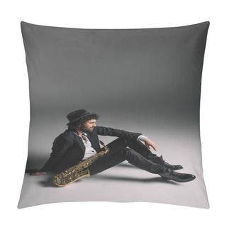 Personality  Handsome Musician Sitting On Floor With Saxophone Pillow Covers