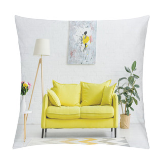 Personality  Interior Of Modern White Living Room With Decor And Bright Yellow Sofa Pillow Covers