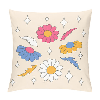 Personality  Retro Daisies With Butterflies And Sparkles. Summer Simple Minimalist Flowers. 70 S Style Plants. Yellow Spring Daisy. Colorful Background. Vector Illustration Pillow Covers