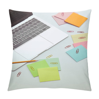 Personality  Elevated View Of Laptop, Paper Stickers, Pencil And Paper Clips On White Tabletop Pillow Covers