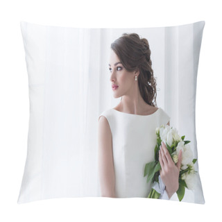 Personality  Beautiful Bride Holding Wedding Bouquet And Looking At Window Pillow Covers