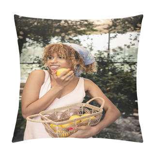 Personality  Smiling And Trendy Young African American Woman With Braces Wearing Summer Dress And Headscarf Holding Basket With Fresh Lemons In Orangery, Stylish Lady Blending Fashion And Nature Pillow Covers