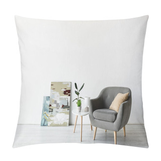 Personality  Comfortable Armchair Near Coffee Table With Green Plants, Lamp And Paintings In Living Room  Pillow Covers