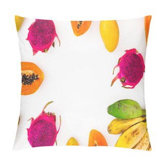 Personality  Fruits Frame With Banana, Papaya, Mango And Dragon Fruits On White Background. Flat Lay. Top View. Tropical Fruit Concept Pillow Covers