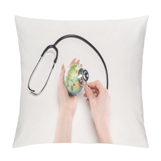 Personality  Partial View Of Woman Holding Stethoscope And Earth Model On White Background, Global Warming Concept Pillow Covers