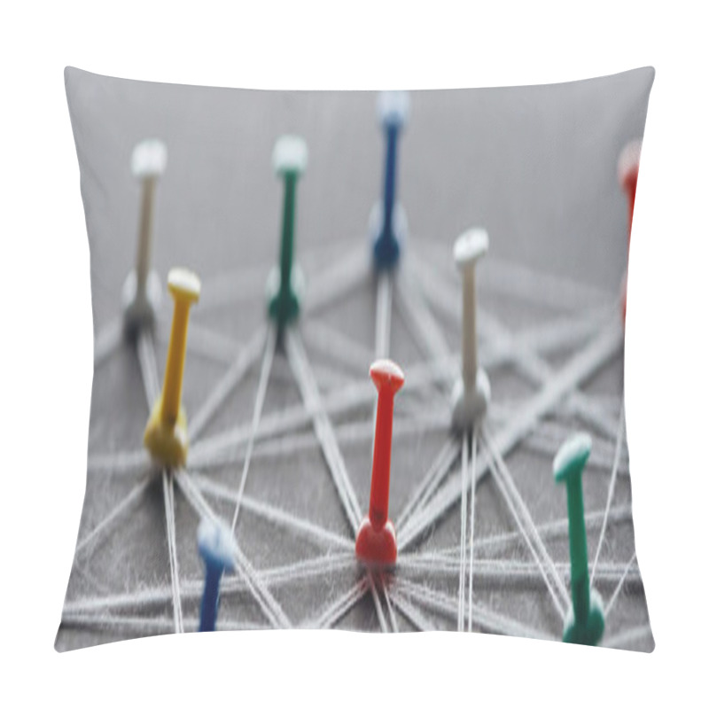 Personality  Panoramic Shot Of Colorful Push Pins Connected With Strings Isolated On Grey, Network Concept Pillow Covers
