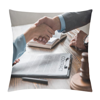 Personality  Cropped Shot Of Lawyer And Client Shaking Hands Above Contract Pillow Covers