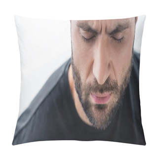 Personality  Panoramic Shot Of Depressed Bearded Man With Closed Eyes Pillow Covers