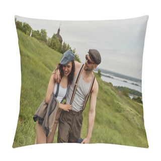 Personality  Positive Bearded Man In Sunglasses Hugging Stylish Girlfriend In Newsboy Cap And Suspenders While Walking Together On Blurred Rural Landscape At Background, Trendy Couple In The Rustic Outdoors Pillow Covers