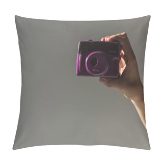 Personality  Cropped View Of Female Hand Holding Purple Photo Camera, Isolated On Grey Pillow Covers