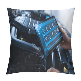 Personality  Car Service Manager Or Mechanic Uses A Tablet Computer With A Futuristic Interactive Diagnostics Software. Specialist Inspecting The Vehicle In Order To Find Broken Components In The Engine Bay. Pillow Covers
