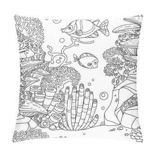 Personality  Underwater World With Cute Fishes, Corals And Anemones Outlined Isolated On White Background Pillow Covers