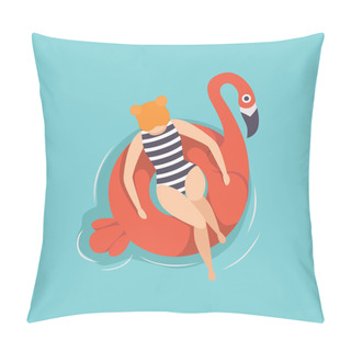 Personality  Young Beautiful Woman Floating On Inflatable Ring In The Shape Of Flamingo In Swimming Pool, Top View Vector Illustration Pillow Covers