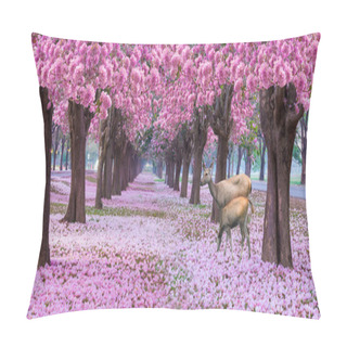 Personality  Deer Grazing In The Alley With Pink Trumpet Trees In Bloom  Pillow Covers