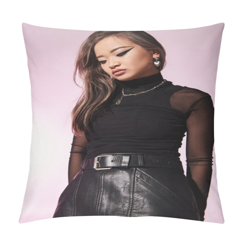 Personality  Lovely Asian Woman In Her 20s With Brown Hair And Heavy Makeup Looking To Down On Lilac Background Pillow Covers