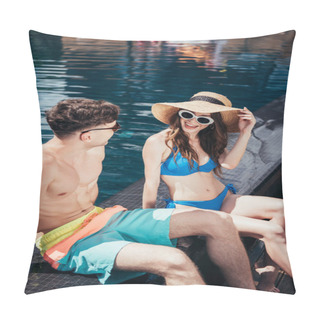 Personality  Cheerful Young Couple Talking And Smiling While Sitting Near Swimming Pool Pillow Covers