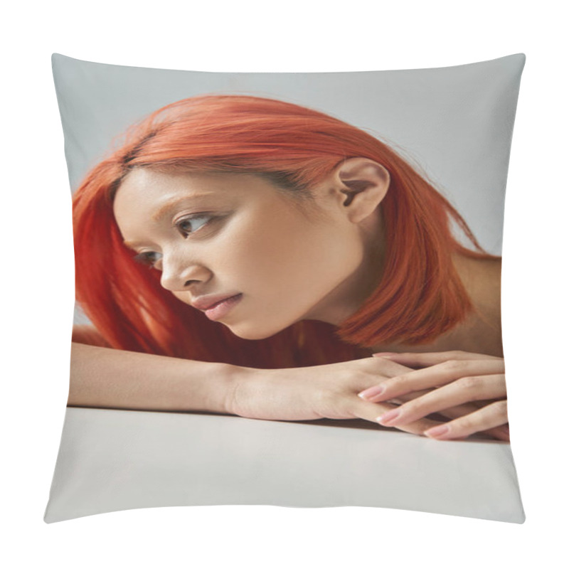 Personality  Young Asian Woman Posing And Looking Away On Grey Background, Sophistication And Grace Pillow Covers