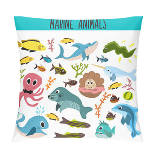 Personality  Cartoon Set Of Cute Sea Animals And Living Underwater In The Waters Of The Seas And Oceans .Shark, Fish, Piranha, Octopus, Mallusk,manatee, Whale, Dolphin, Narwhal,  Corals And Algae . Vector Pillow Covers