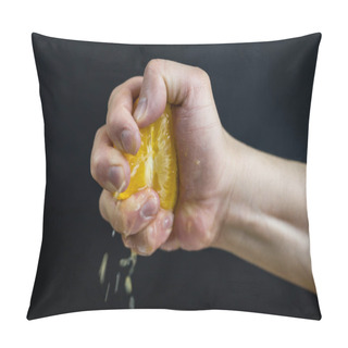 Personality  A Man's Hand Clutches Half An Orange On A Black Background Pillow Covers