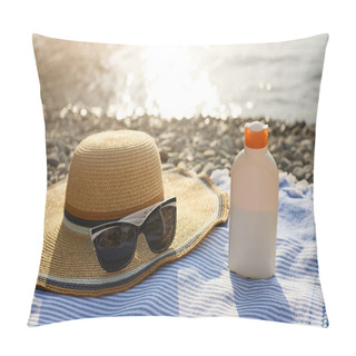 Personality  Suntan Cream Bottle And Sunglasses On Beach Towel With Sea Shore On Background. Sunscreen On Deck Chair Outdoors On Sunrise Or Sunset. Skin Care And Protection Concept. Golden Tan. Pillow Covers