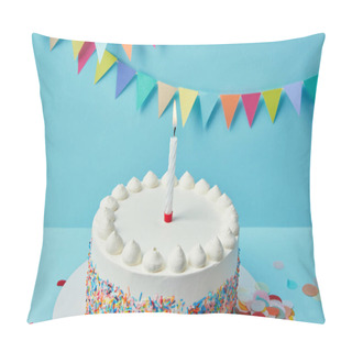 Personality  Candle On Birthday Cake With Sugar Sprinkles On Blue Background With Bunting Pillow Covers