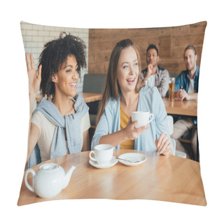Personality  Young Women Having Tea In Cafe Pillow Covers
