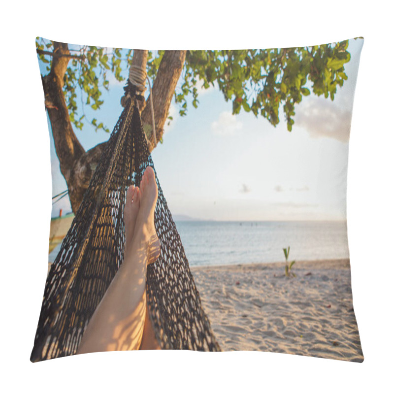 Personality  Feet of a young woman in hammock on the beach pillow covers