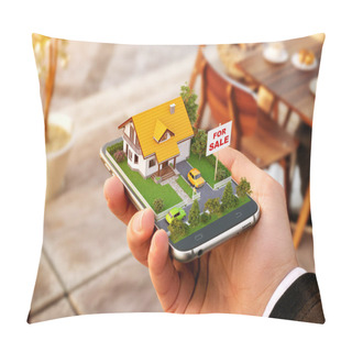 Personality  Smartphone Application For Online Searching, Buying, Selling And Booking Real Estate. Unusual 3D Illustration Of Beautiful House On Smart Phone In Hand Pillow Covers