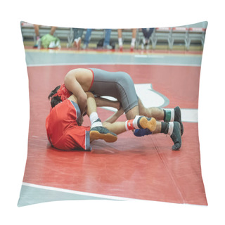 Personality  Athletic Male Wrestlers Competing At A Wrestling Meet. Pillow Covers