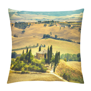 Personality  Tuscany, Farmland And Cypress Trees, Green Fields. San Quirico Orcia, Italy. Pillow Covers