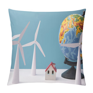 Personality  Windmill And House Models With Globe On White Table And Blue Background Pillow Covers