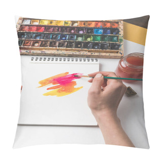 Personality  Cropped Shot Of Artist Holding Paint Brush And Drawing Abstract Painting Pillow Covers