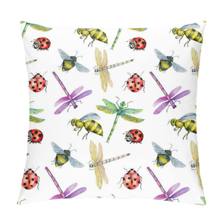 Personality  Seamless Pattern With Watercolor Colorful Dragonflies, Bees And Ladybugs Hand Painted On A White Background Pillow Covers