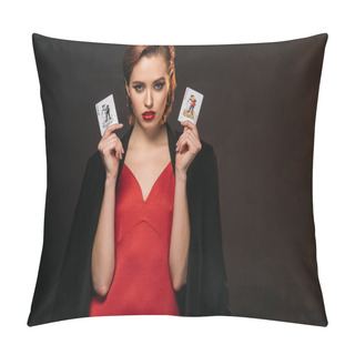 Personality  Attractive Girl In Red Dress And Black Jacket Holding Poker Cards And Looking At Camera Isolated On Black Pillow Covers