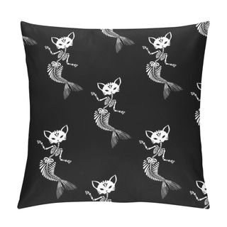 Personality  Seamless Pattern. Skeletons Of Cats Mermaids Are Dancing. Purrmaid Is A Cat With A Tail Of A Mermaid. Can Be Used For T-short Print, Poster Or Card. Ideal For Halloween, The Day Of The Dead And More. Pillow Covers