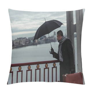 Personality  Adult Man With Umbrella And Luggage Walking By Bridge Pillow Covers