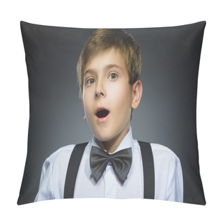 Personality  Closeup Portrait Of Happy Boy Going Surprise Isolated On Gray Background Pillow Covers