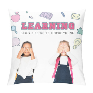 Personality  Multicultural Schoolgirls Covering Faces With Hands Isolated On White, Learning Illustration Pillow Covers