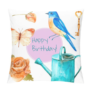 Personality  Vintage Watercolor Birthday Card. Pillow Covers
