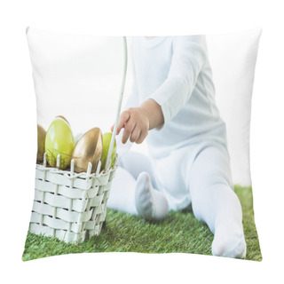 Personality  Cropped View Of Kid Sitting Near Straw Basket With Yellow And Golden Chicken Eggs Isolated On White Pillow Covers