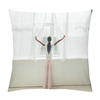 Personality  Back View Of African American Girl In Pajamas Opening Window Curtains In Sunlight Pillow Covers
