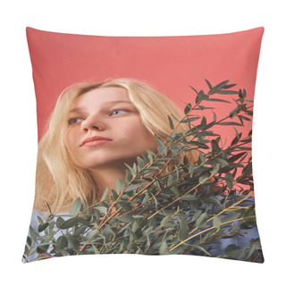 Personality  Beautiful Young Woman With Bunch Of Eucalyptus Branches Isolated On Red Pillow Covers