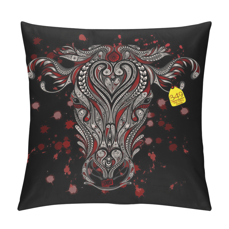 Personality  Animal protection from killing in slaughterhouses. Head of cow with blood splatters on a black background pillow covers