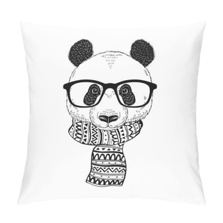 Personality  Panda Hipster Portrait In Glasses And Ornate Knitted Scarf. Hand Drawn Vector Illustration Pillow Covers