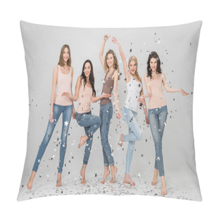 Personality  Happy Girls Standing And Smiling Near Confetti Stars Isolated On Grey Pillow Covers