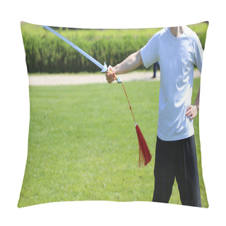Personality  Tai Chi Martial Arts Athlete Expert Makes Motions With Sword Pillow Covers