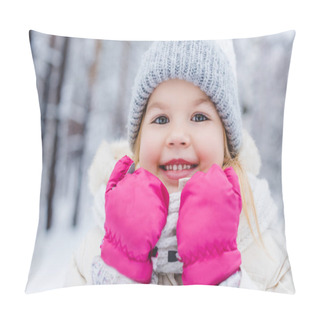 Personality  Close-up Portrait Of Cute Little Child In Hat And Mittens Smiling At Camera In Winter Park Pillow Covers